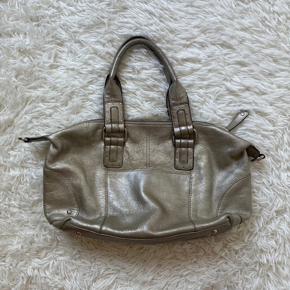 Y2K Tignanello Metallic Champagne Gold Pebbled Leather Satchel Handbag Studded